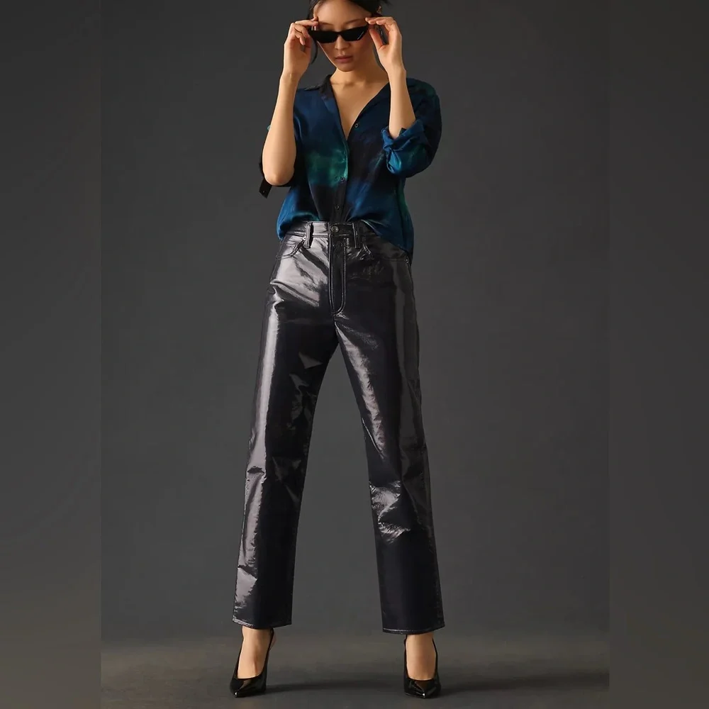 AGOLDE Recycled Leather 90's Pinch Waist Straight Leg Pants in Carbon (32) - Picture 14 of 14